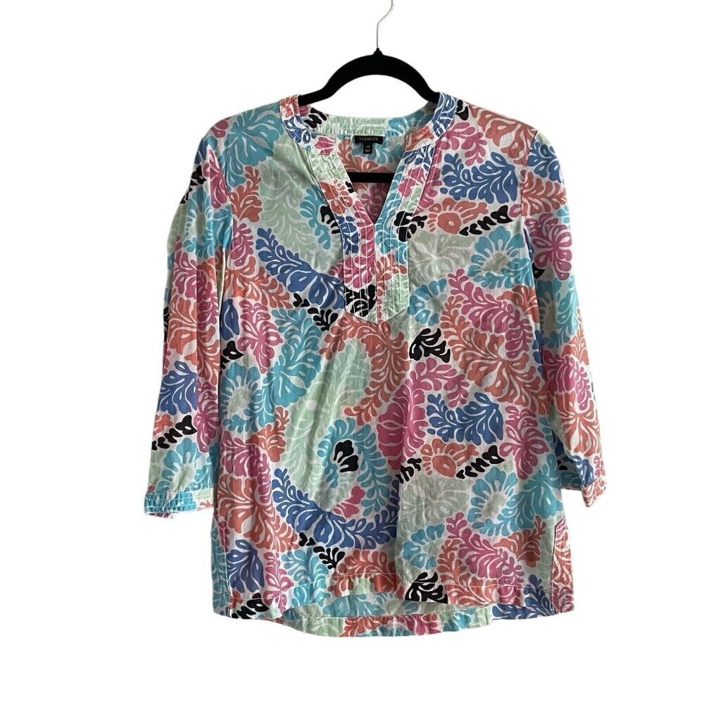 Talbots Women SZ XS Multicolor Botanical Print Split V-Neck 3/4 Sleeve Tunic Top
